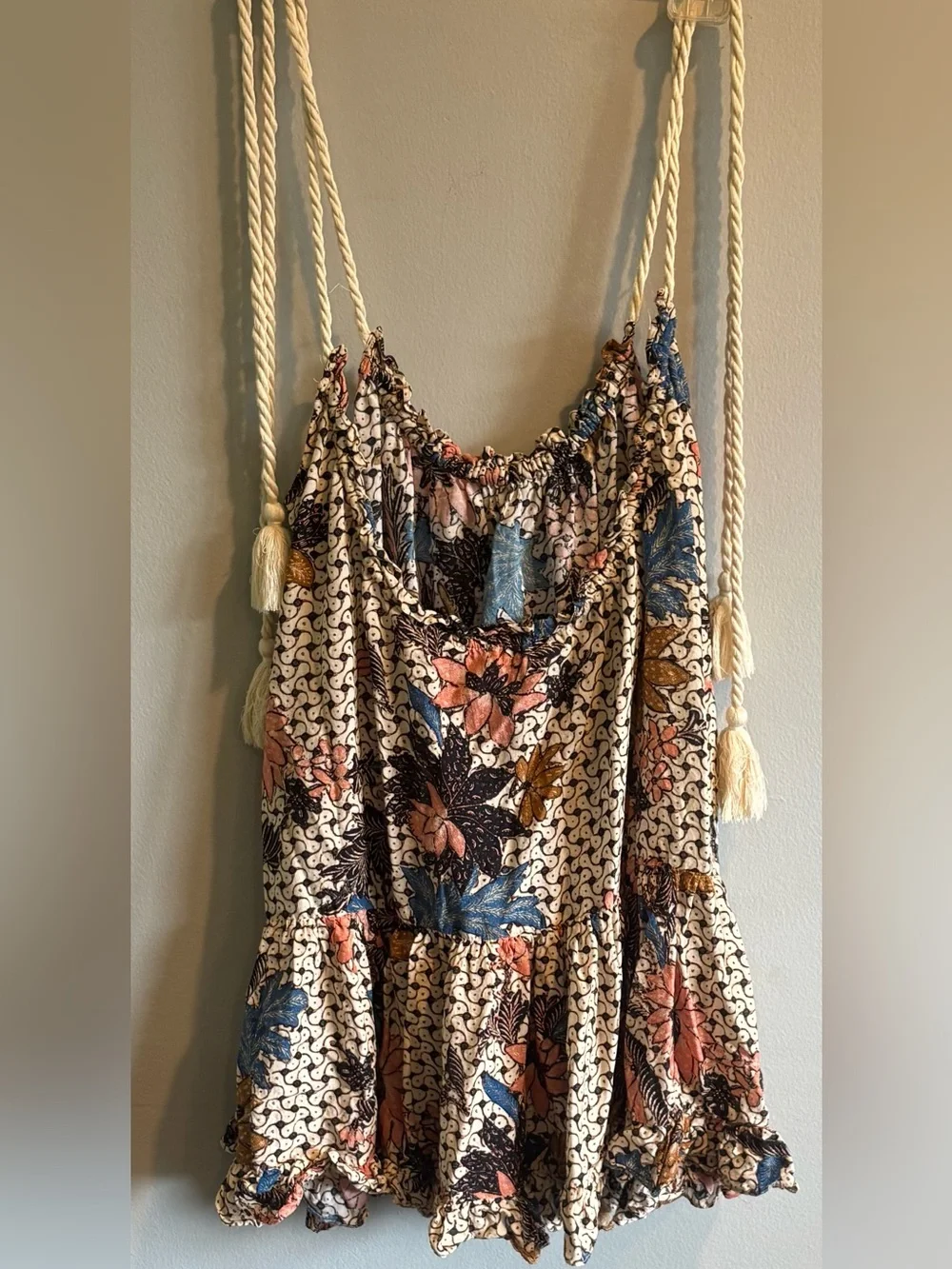 Ulla Johnson Trula Mini Dress Coverup Cotton Blend Print Rope Tie Straps Size L
